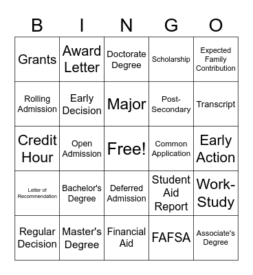 College Vocabulary Bingo Card