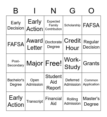 College Vocabulary Bingo Card