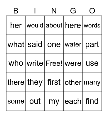 Sight Words Bingo Card