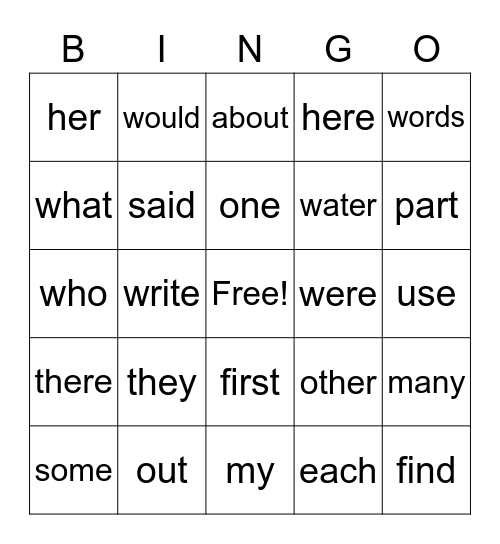 Sight Words Bingo Card