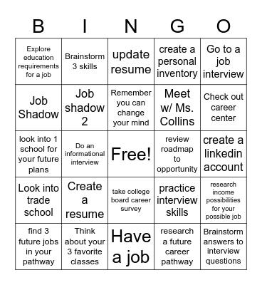 Career Prep Bingo Card