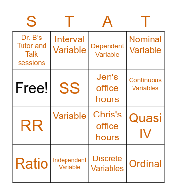 Chapter Two Bingo (STAT) - Super Totally Awesome Tutoring Bingo Card