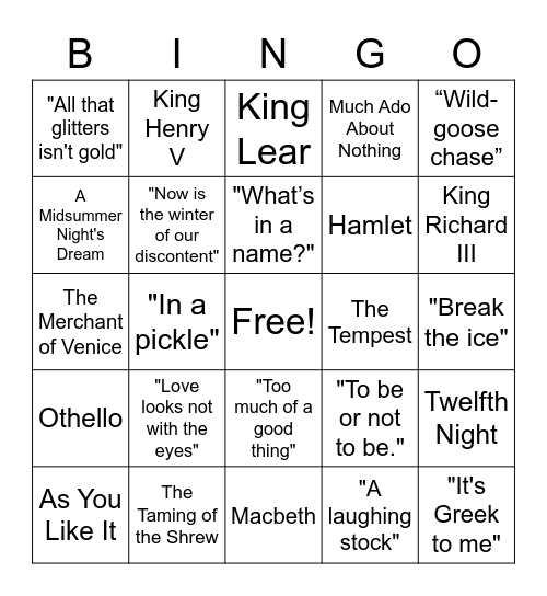 Shakespeare Bingo Card