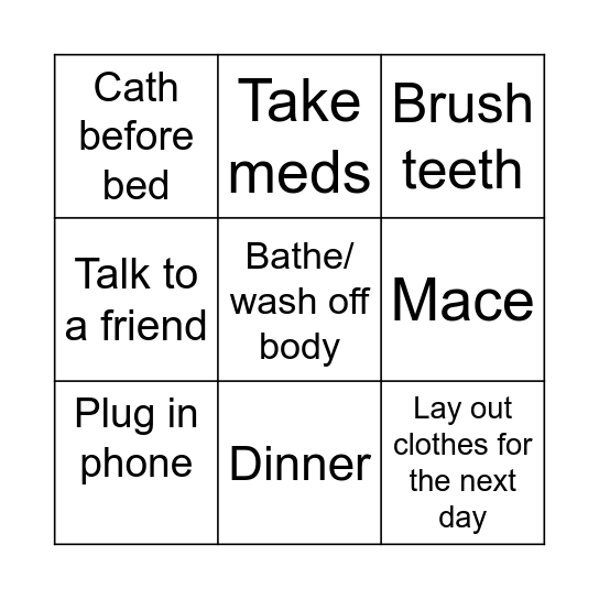 Evening routine Bingo Card