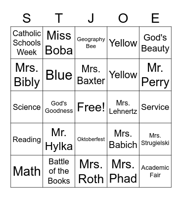 St. Joe Bingo Card