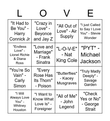 Name That Tune Bingo Card