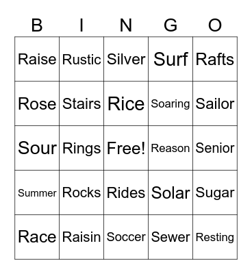 S + R Bingo Card