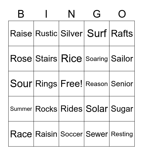 S + R Bingo Card