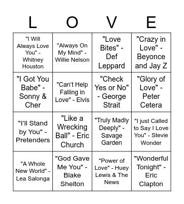 Name That Tune Bingo Card