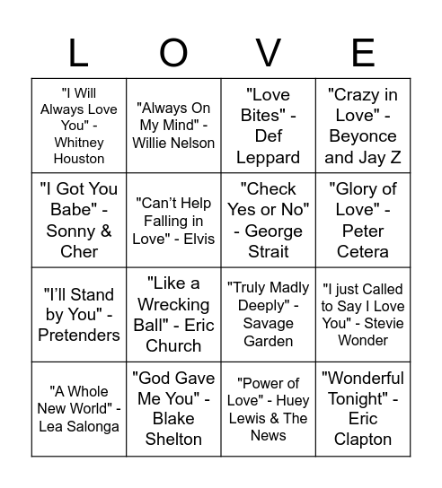 Name That Tune Bingo Card
