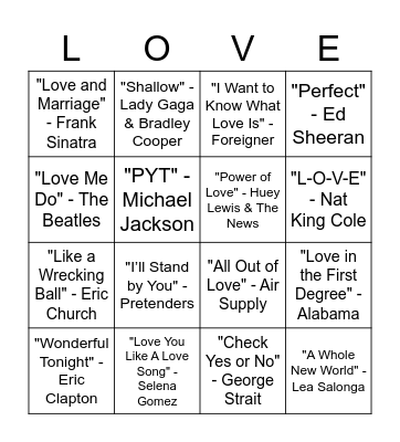 Name That Tune Bingo Card