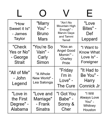 Name That Tune Bingo Card