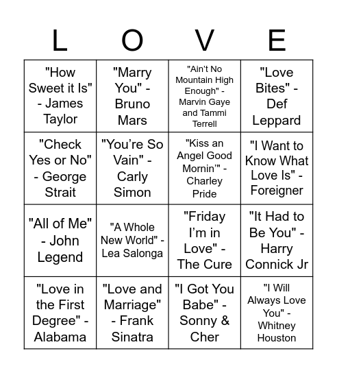 Name That Tune Bingo Card