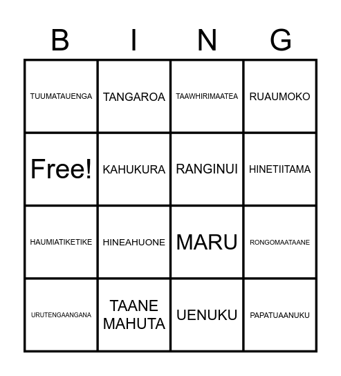 Ngaa Atua Maaori Bingo Card