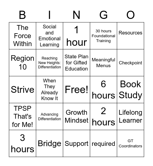 GT Training BINGO Card