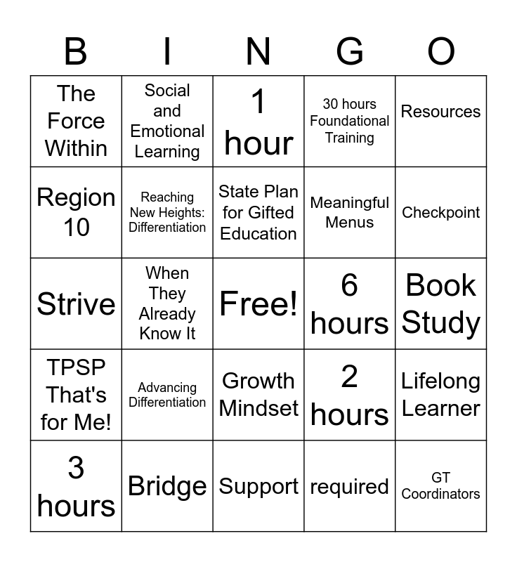 GT Training BINGO Card