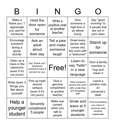 25 Days of Kindness Bingo Card