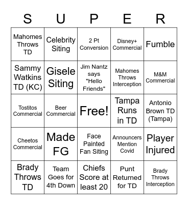 Super Bowl 2021 Bingo Card