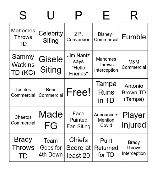 Super Bowl 2021 Bingo Card