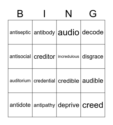 Lesson 4 Vocabulary Bingo Card