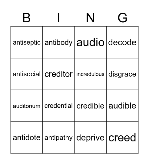 Lesson 4 Vocabulary Bingo Card