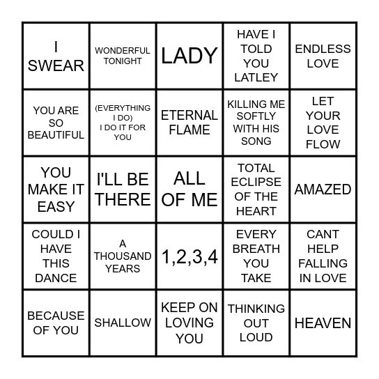 LOVE SONGS Bingo Card