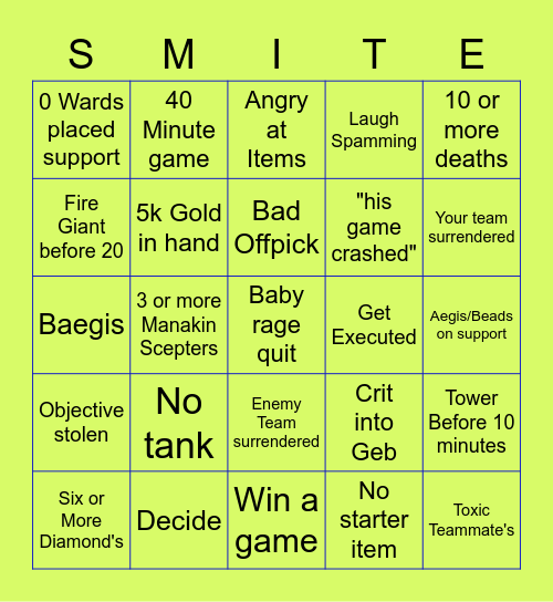 Smite Bingo Card