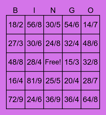 Division Facts Bingo Card