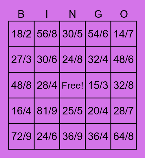 Division Facts Bingo Card