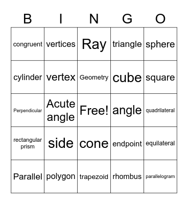 Geometric Terms Bingo Card