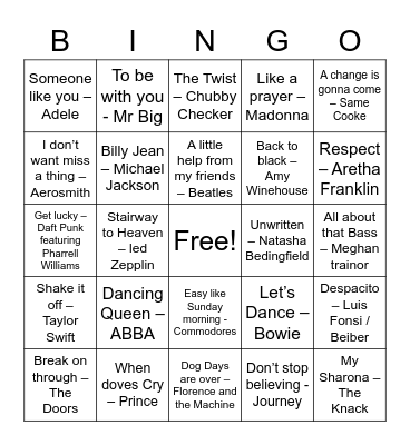 Musical Bingo Card