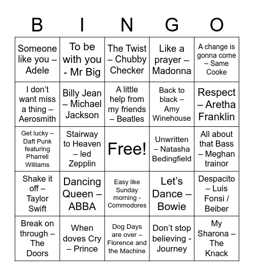 Musical Bingo Card