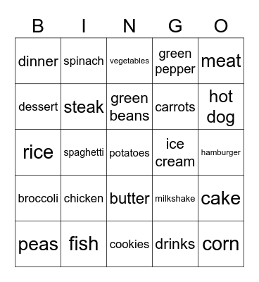 Dinner and Dessert Bingo Card