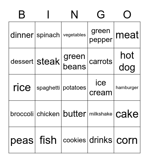 Dinner and Dessert Bingo Card