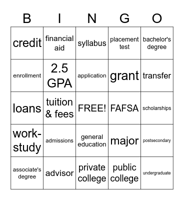 College Bingo Card
