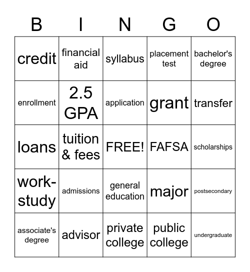 College Bingo Card