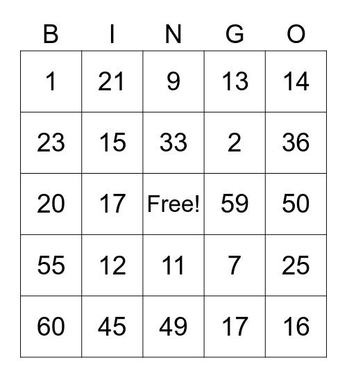 Numbers in French 1-60 Bingo Card