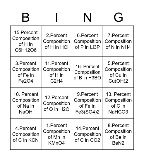 Percent Composition Bingo Card