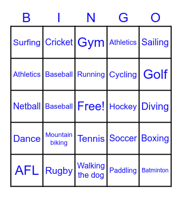 Activity Bingo Card