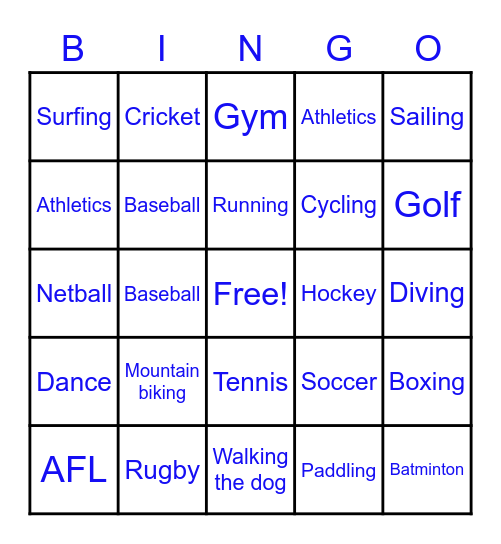 Activity Bingo Card