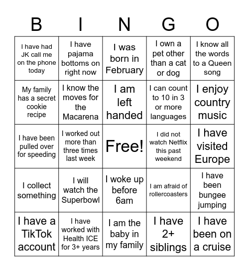Health ICE Bingo Card