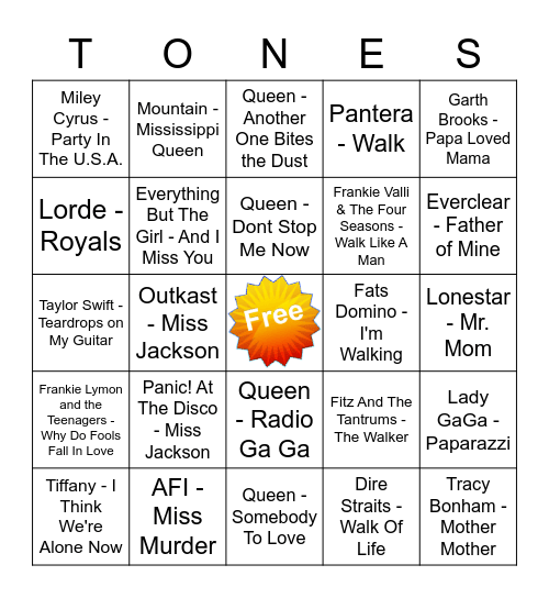 Game Of Tones 2/1/21 Game 5 Bingo Card