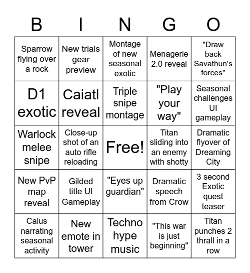 Season of the Chosen Bingo Card