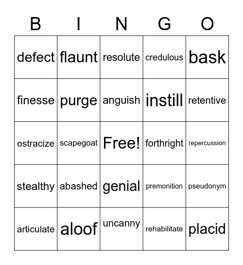 Vocabulary Unit 6, Level C Bingo Card