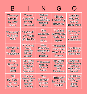 PitchBook VH1 Love Song Bingo Card