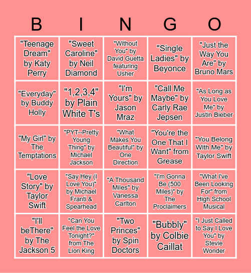 PitchBook VH1 Love Song Bingo Card