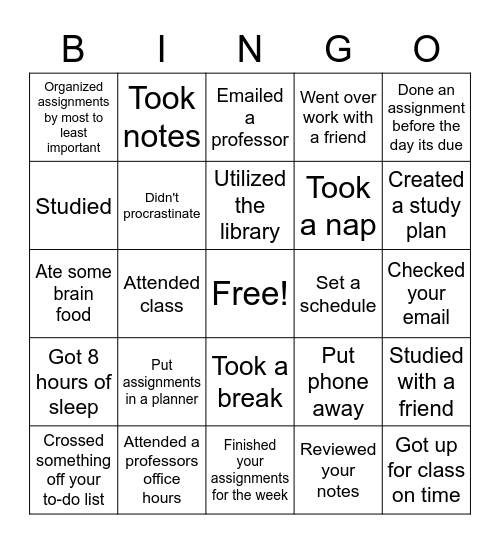 Academic Habits Bingo Card