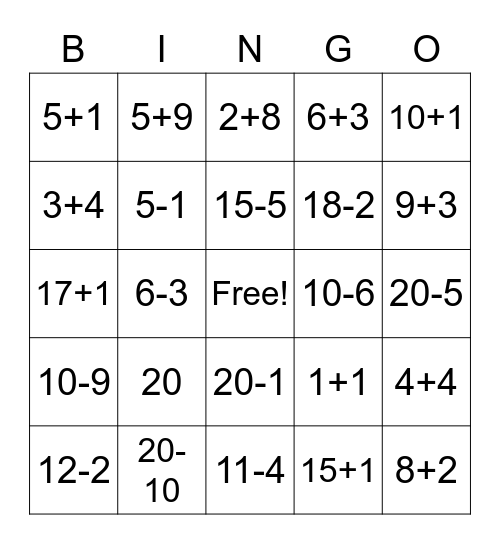 Addition and Subtraction Bingo Card