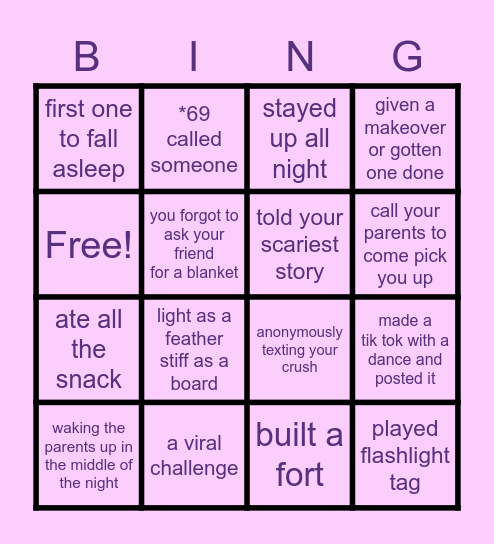 SleepOver bingo Card