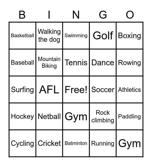 Sports Bingo Card